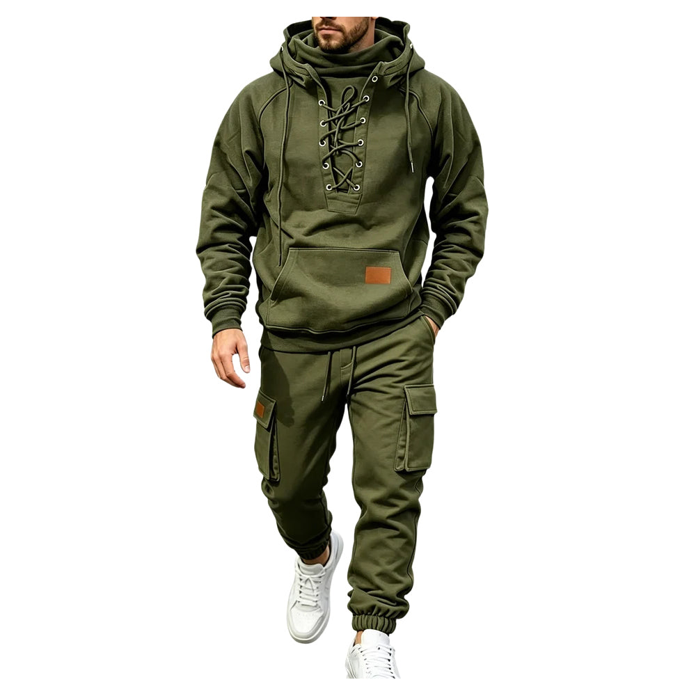 Men's Chest Tie‐Up Hoodie And Multi‐Pocket Ankle‐Cuffed Joggers