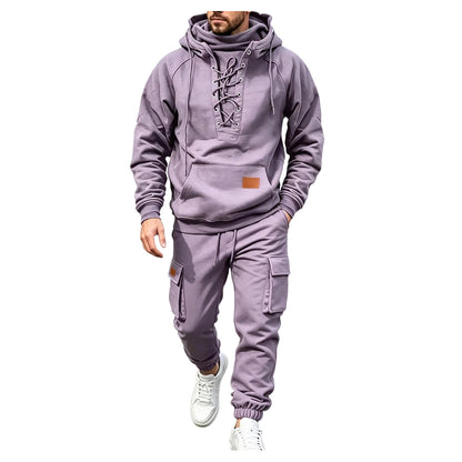 Men's Chest Tie‐Up Hoodie And Multi‐Pocket Ankle‐Cuffed Joggers