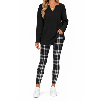 Women's 2-Piece Lounge Set – Long Sleeve Top & Plaid Leggings