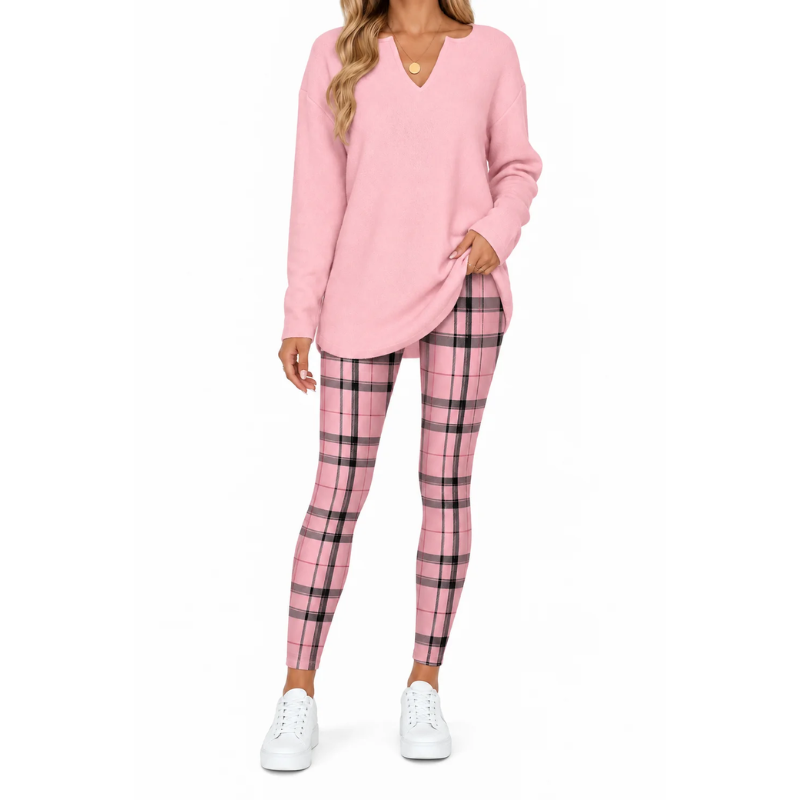 Women's 2-Piece Lounge Set – Long Sleeve Top & Plaid Leggings