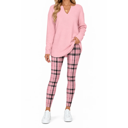 Women's 2-Piece Lounge Set – Long Sleeve Top & Plaid Leggings