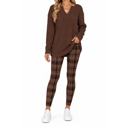 Women's 2-Piece Lounge Set – Long Sleeve Top & Plaid Leggings