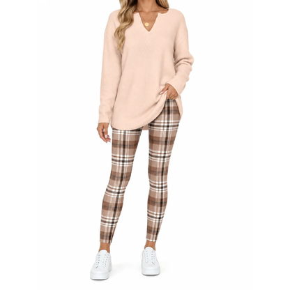 Women's 2-Piece Lounge Set – Long Sleeve Top & Plaid Leggings