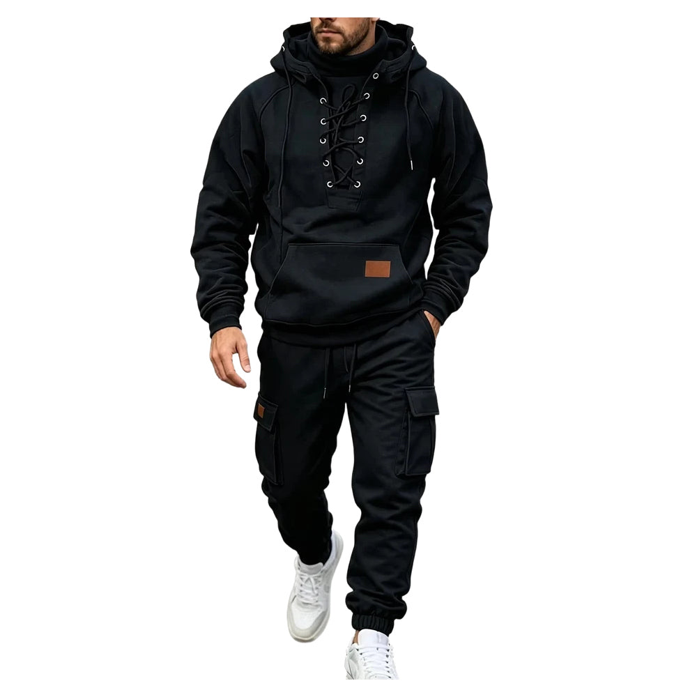 Men's Chest Tie‐Up Hoodie And Multi‐Pocket Ankle‐Cuffed Joggers