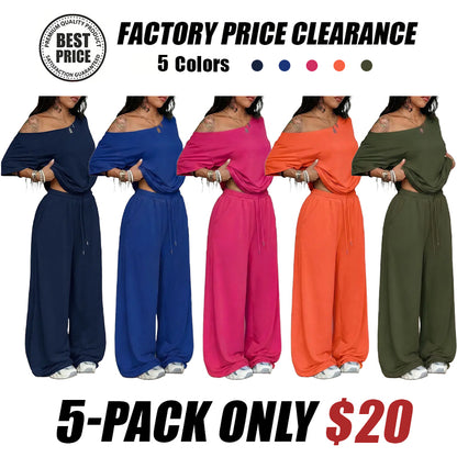 Women's Minimalist Off Shoulder T-Shirt & Wide Leg Pants Set