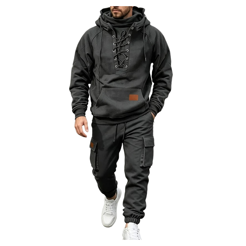 Men's Chest Tie‐Up Hoodie And Multi‐Pocket Ankle‐Cuffed Joggers