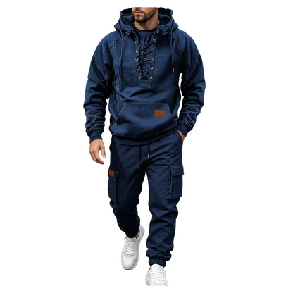 Men's Chest Tie‐Up Hoodie And Multi‐Pocket Ankle‐Cuffed Joggers