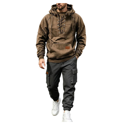 Men's Chest Tie‐Up Hoodie And Multi‐Pocket Ankle‐Cuffed Joggers