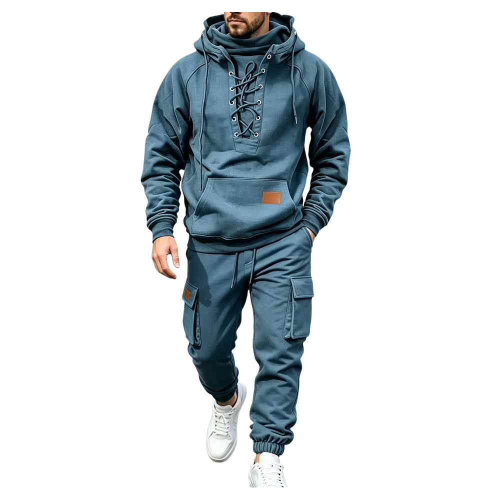 Men's Chest Tie‐Up Hoodie And Multi‐Pocket Ankle‐Cuffed Joggers