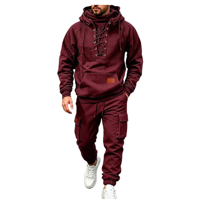 Men's Chest Tie‐Up Hoodie And Multi‐Pocket Ankle‐Cuffed Joggers