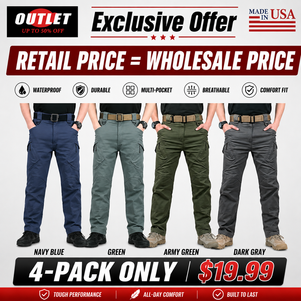 Men's solid color and printed pocket zipper waterproof tactical cargo pants