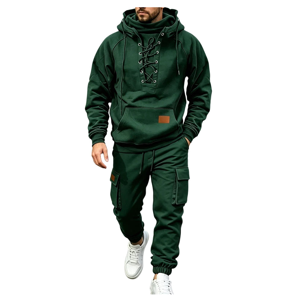 Men's Chest Tie‐Up Hoodie And Multi‐Pocket Ankle‐Cuffed Joggers
