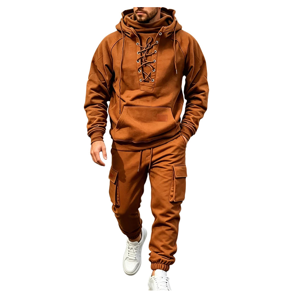 Men's Chest Tie‐Up Hoodie And Multi‐Pocket Ankle‐Cuffed Joggers