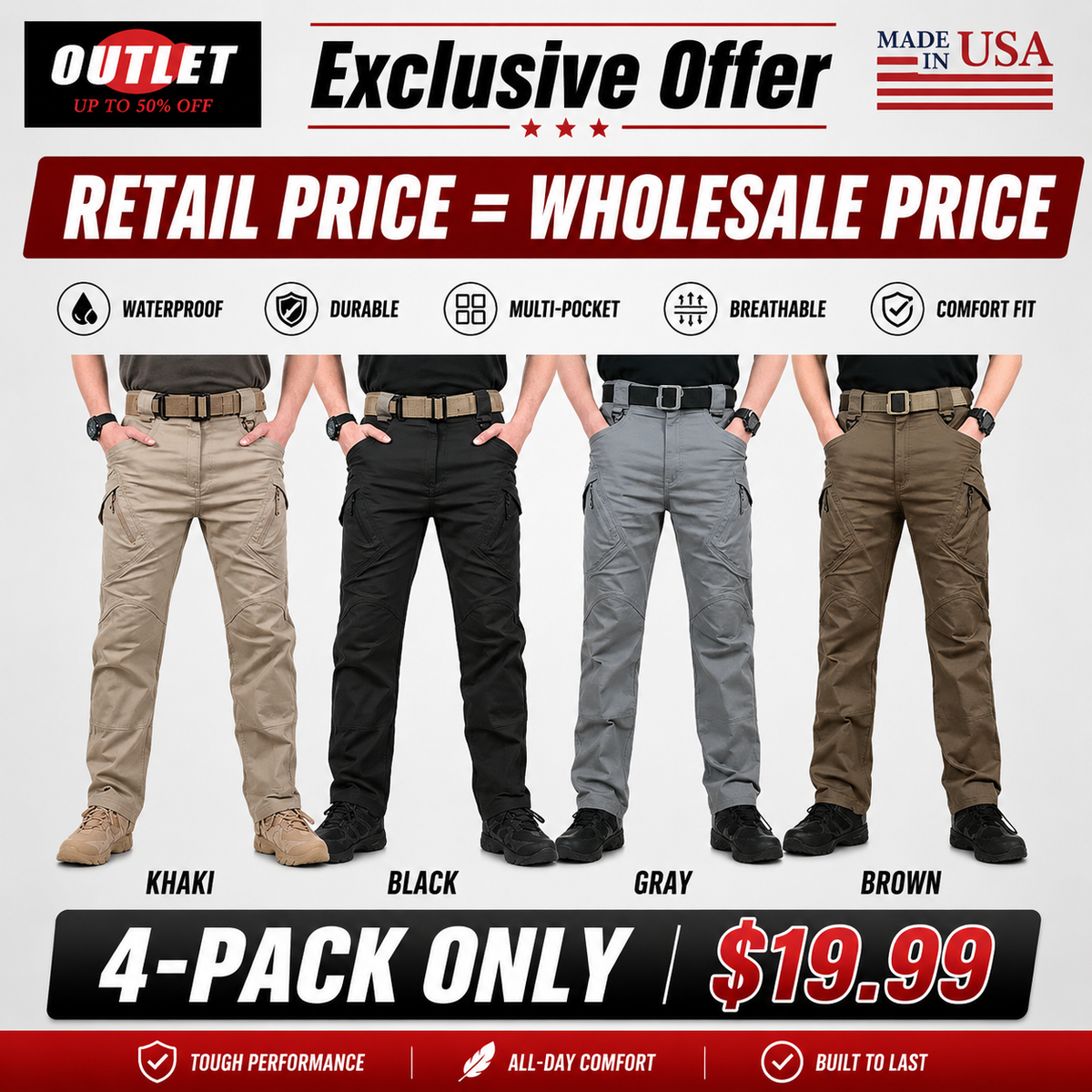 Men's solid color and printed pocket zipper waterproof tactical cargo pants