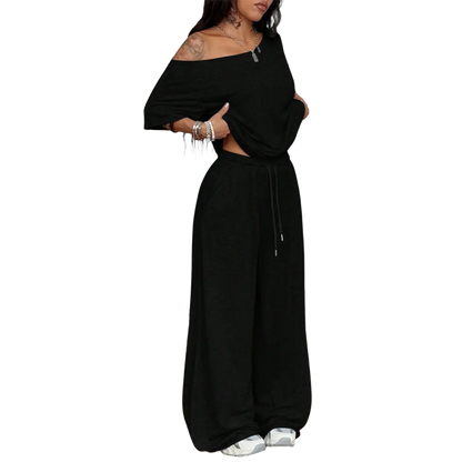 Women's Minimalist Off Shoulder T-Shirt & Wide Leg Pants Set