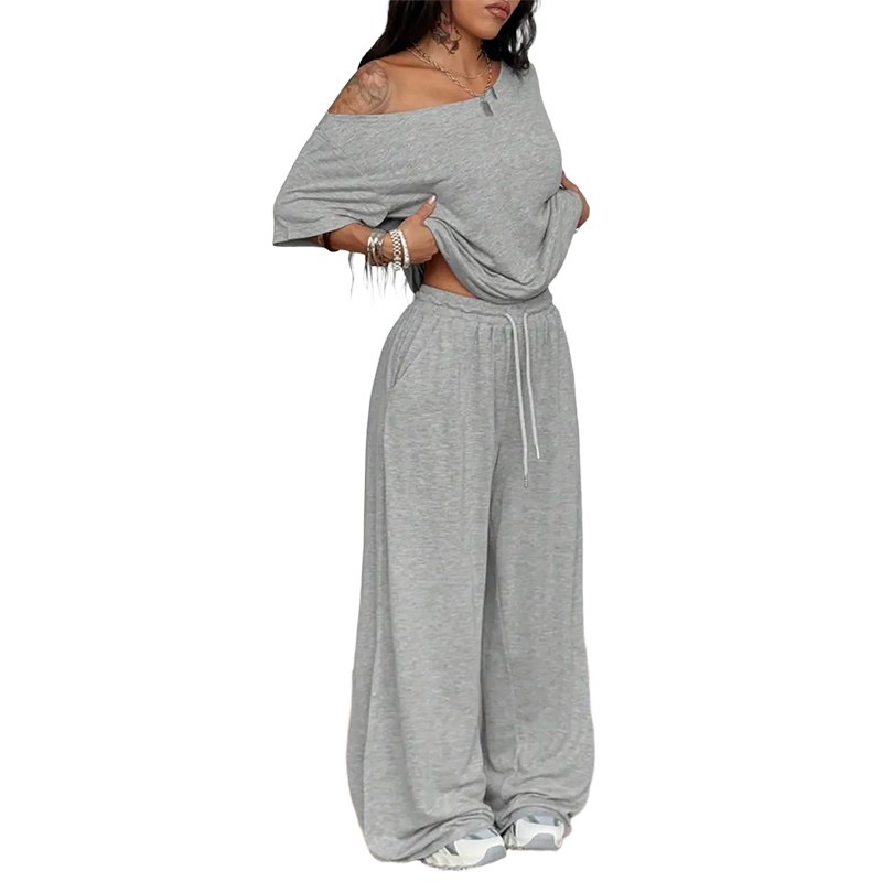 Women's Minimalist Off Shoulder T-Shirt & Wide Leg Pants Set