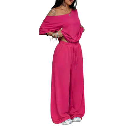 Women's Minimalist Off Shoulder T-Shirt & Wide Leg Pants Set