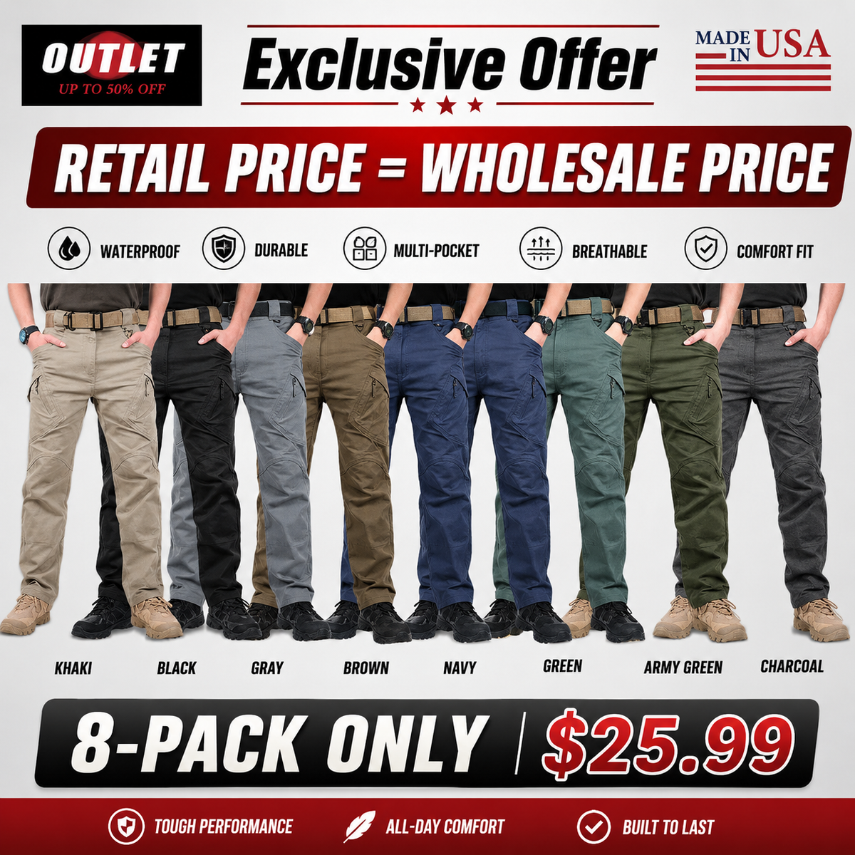 Men's solid color and printed pocket zipper waterproof tactical cargo pants